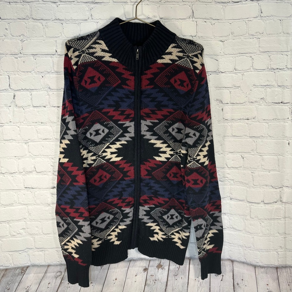 Wrangler Mens Southwestern Full Zip Cardigan Sweater Geometric Navy Burgundy S
